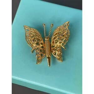 Monet Vintage Double Winged Filigree Style Butterfly Pin-Gold Tone